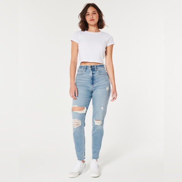 Hollister Denim - Hollister Curvy High Rise Ripped Mom Jeans Blue Denim Size 28 Short